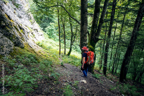 Hiker with traveling backpack walking in a forest and discover nature.Adventure and travel concept