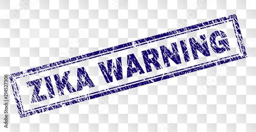 ZIKA WARNING stamp seal print with corroded style and double framed rectangle shape. Stamp is placed on a transparent background. Blue vector rubber print of ZIKA WARNING text with corroded texture.