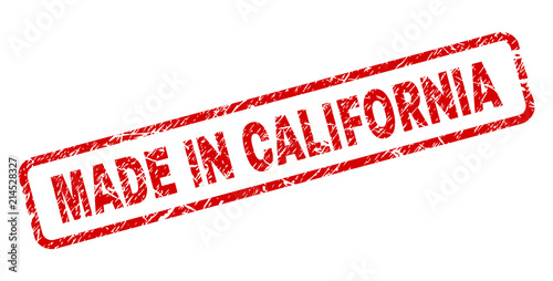MADE IN CALIFORNIA stamp seal print with grunge style. Red vector rubber print of MADE IN CALIFORNIA tag with grunge texture. Text label is placed inside rounded rectangle frame.