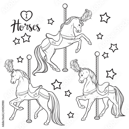 Cute carousel horses and stars set isolated vector illustration. Coloring book pages for adults and kids