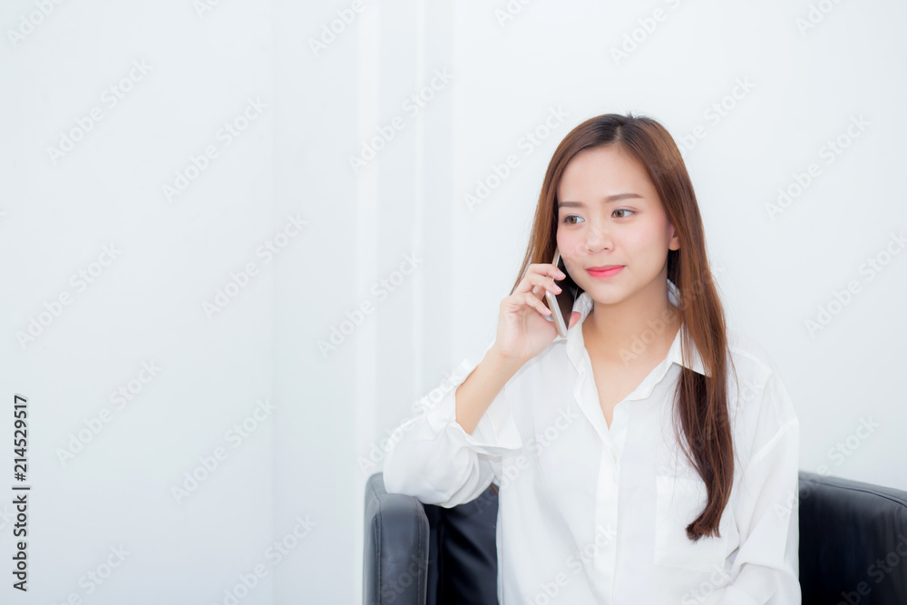 Beautiful of portrait young asian woman smiling sitting relax on the chair, girl using mobile smart phone talking enjoy, communication and social network concept. Beautiful of portrait young asian woman smiling sitting relax on the chair, girl using mobile smart phone talking enjoy, communication and social network concept.