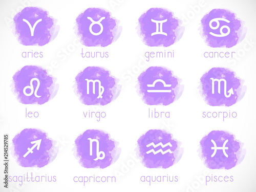 Vector set of zodiac signs with watercolor elements. Hand drawn. Horoscope symbols collection colorful.