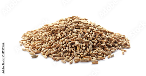 Raw rye on white background. Healthy grains and cereals