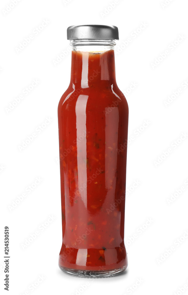 Bottle with spicy chili sauce on white background Bottle with spicy chili sauce on white background