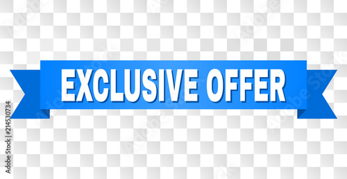 EXCLUSIVE OFFER text on a ribbon. Designed with white caption and blue stripe. Vector banner with EXCLUSIVE OFFER tag on a transparent background.