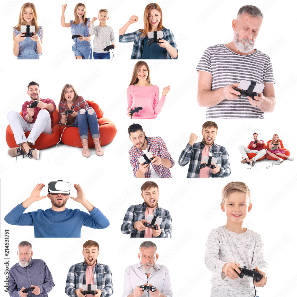 Obraz premium People of different ages playing video games on white background. Leisure and entertainment