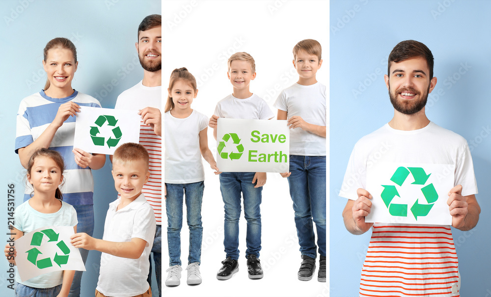Obraz premium Set with people and posters for concept of recycling
