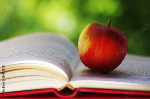 Red apple with open book on green background