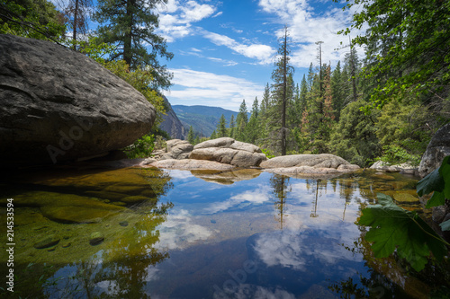 Fototapeta Naklejka Na Ścianę i Meble -  Blue Sky Reflection in a natural rock pool - Cascade Creek, Yosemite