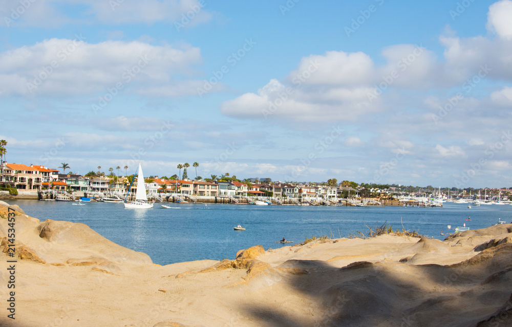Marina landscape of the coastal access to the beach. Southern California coastline travel vacations.