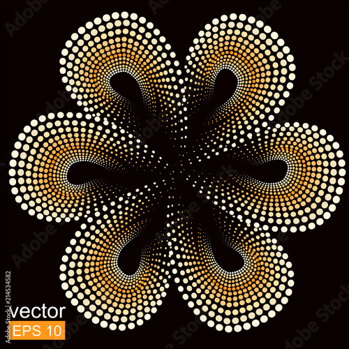 Yellow tiare flower. Dots doted pattern. Monoi flower. Black background. Vector flower.