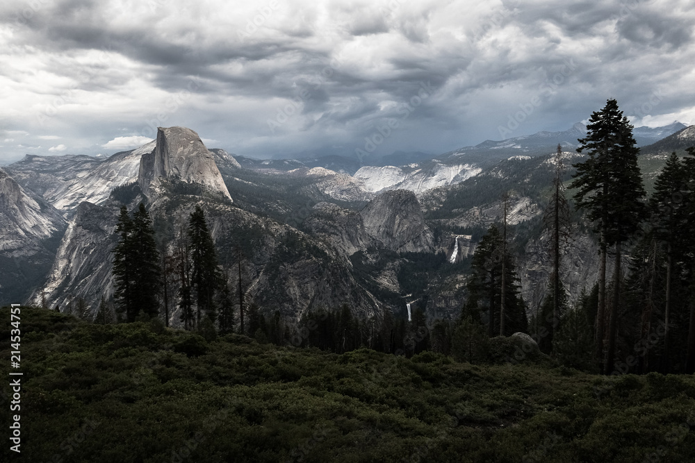 Yosemite Valley View With Half Dome, Vernal Falls and Nevada Falls, Along With Thunderstorm Clouds
