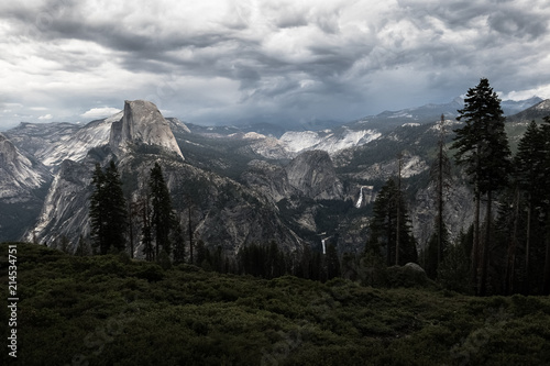 Yosemite Valley View With Half Dome  Vernal Falls and Nevada Falls  Along With Thunderstorm Clouds