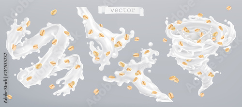 Rolled oats and milk splashes, 3d realistic vector icon