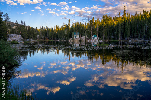 Alpine Lake With Cabins and Sunset Cloud Reflections - Ebbetts Pass