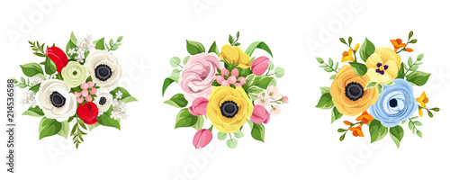 Vector set of red, pink, orange, yellow, white and blue flowers isolated on a white background.