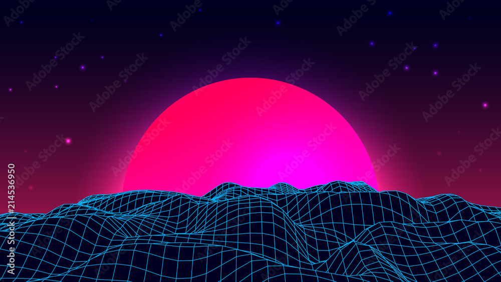 Wireframe background landscape. 1980s retro wave style. Sci-Fi futuristic vector illustration of sunrise or sunset. - obrazy, fototapety, plakaty 