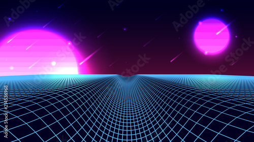 Wireframe background landscape. 1980s retro wave style. Sci-Fi futuristic vector illustration with a starfall.