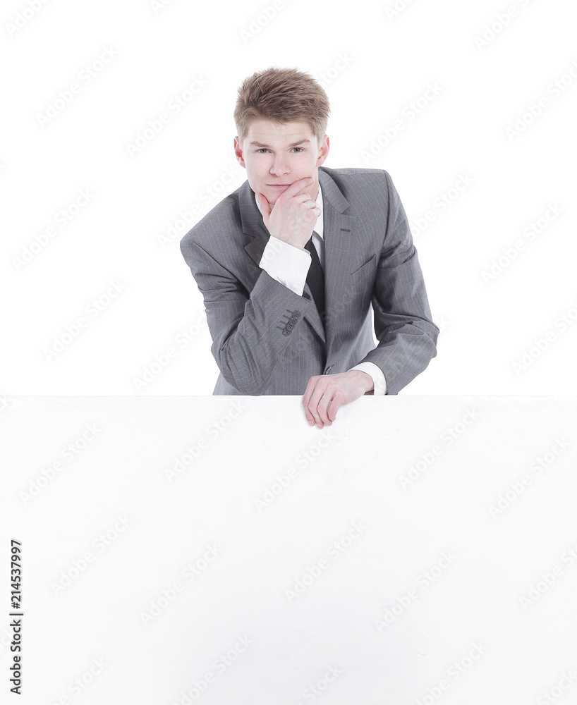 successful young businessman with blank banner.isolated on a white successful young businessman with blank banner.isolated on a white