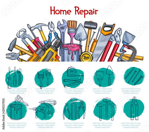 Home repair sketch poster of vector work tools