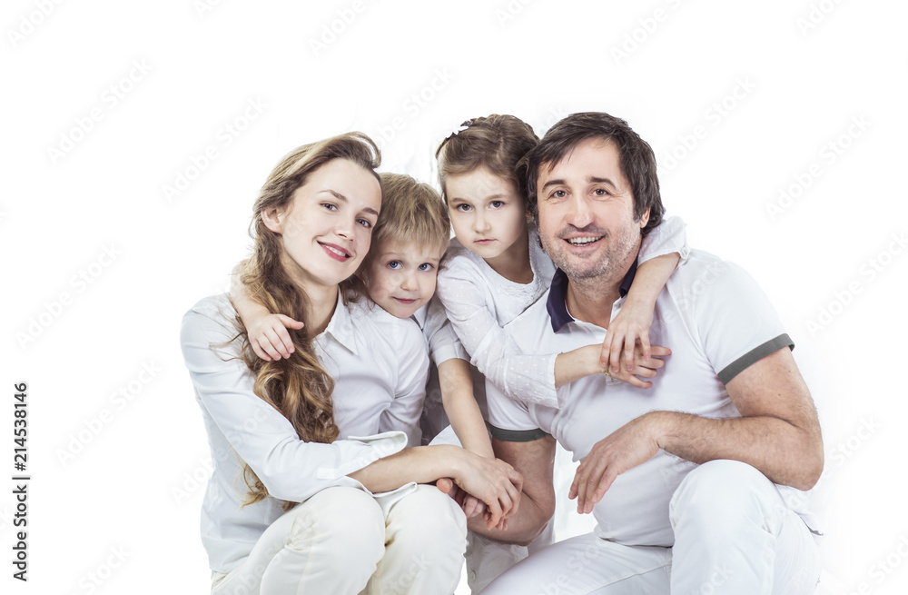 family portrait: parents with daughter and son on white background