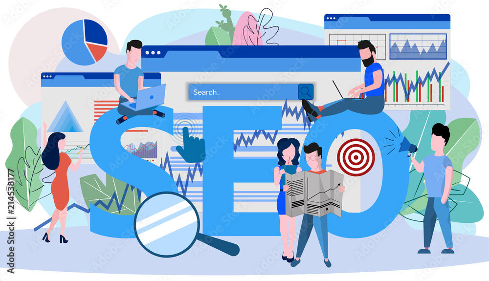 Concept SEO, market research Web site coding, internet search optimization for web page, banner, presentation, social media, documents. Vector illustration search engine optimization, Web site coding