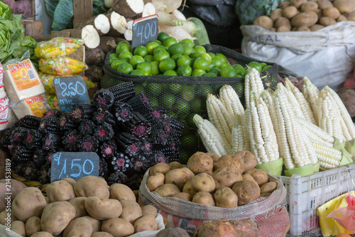 Vegetable market and prices in a Lima market, in Peru.