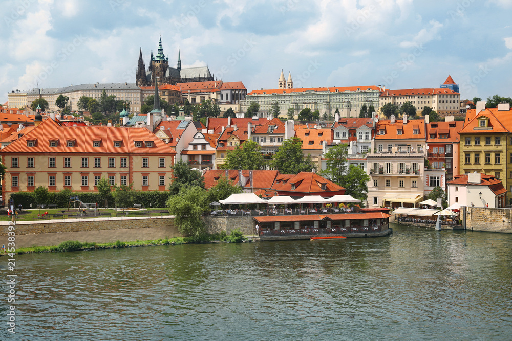 View of Prague castle across Vltava river in Prague, Czech Republic