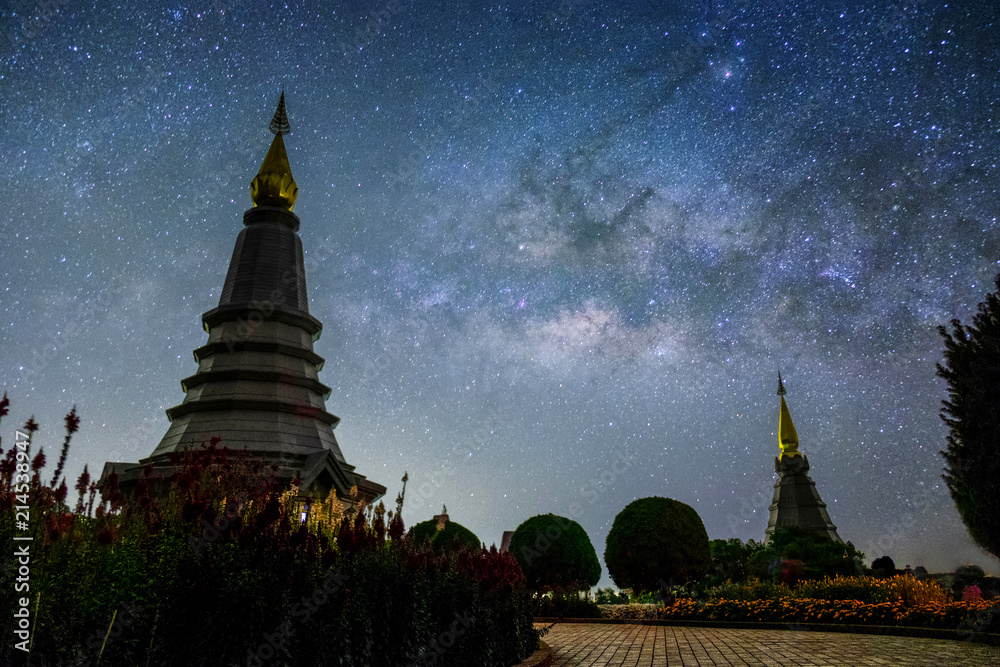 Milky way rises Doi Inthanon National Park over the pagoda Nabhamethanidol and Nabhapolbhumisiri , Thailand