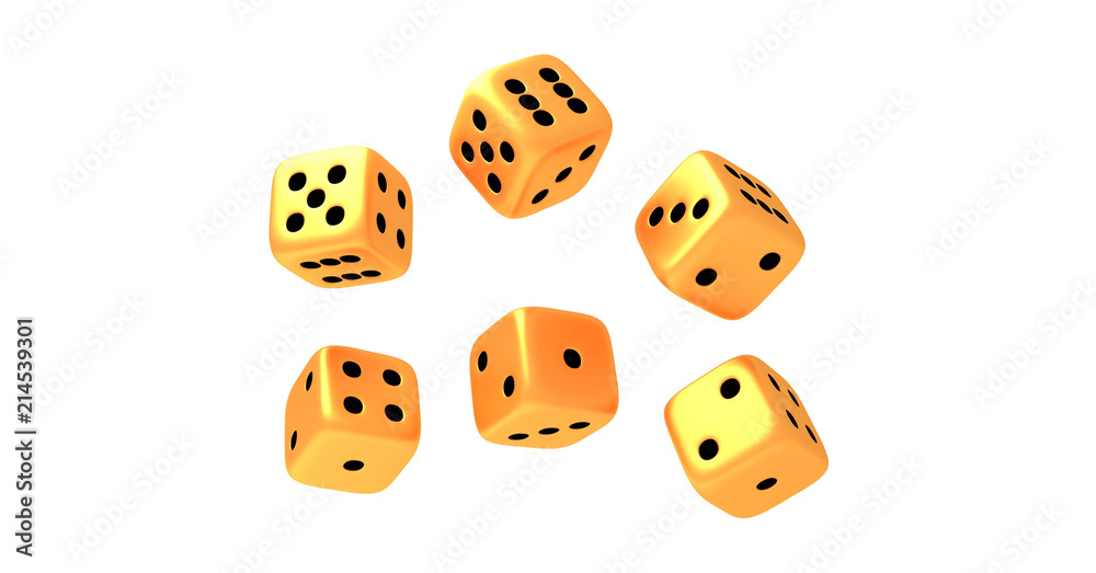 Set of six rolling golden dice on white background Set of six rolling golden dice on white background