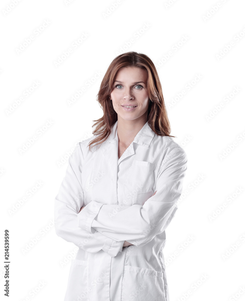 portrait of young woman doctor isolated on white. portrait of young woman doctor isolated on white.