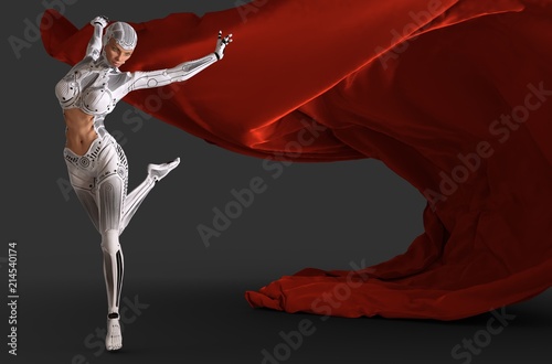 Fototapeta Naklejka Na Ścianę i Meble -  Woman cyborg dancing with a red cloth 3d illustration