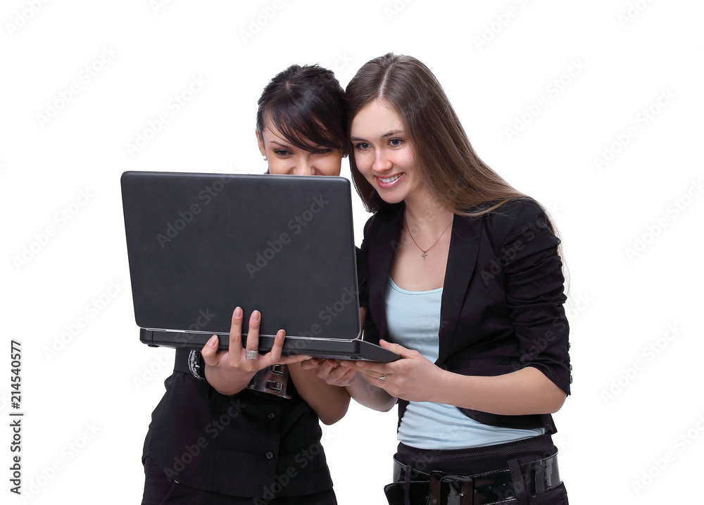 two successful employees looking at laptop screen two successful employees looking at laptop screen
