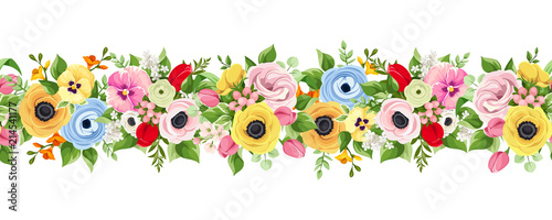 Vector horizontal seamless background with colorful flowers.