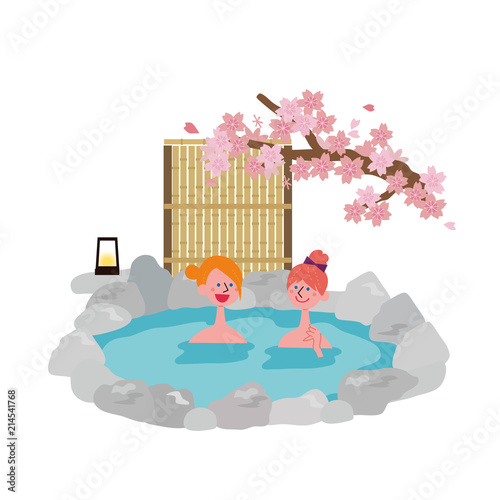 インバウンド　外国人旅行者　温泉　イラスト　春
