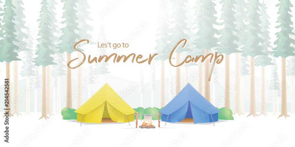 Summer Camp Poster or banner that the yellow & blue camp is middle in the forest illustration vector. Camping concept. - obrazy, fototapety, plakaty 