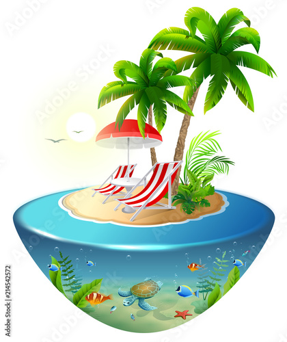 Secluded vacation on tropical island. Two chaise lounge, palm tree and underwater world