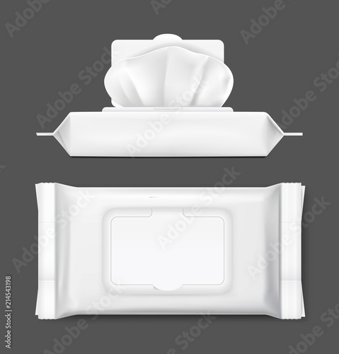 Packaging for wet wipes on black background. Realistic vector illustration. Can be use for your design, promo, adv and etc. EPS10.
