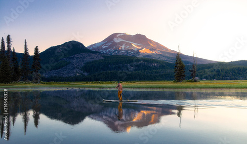 Sparks Lake in Central Oregon is a popular destination for outdoor enthusiasts, paddle boarders and kayakers  photo
