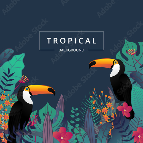 Tropical background with toucan bird ,tropical leaves and flower. Summer banner for promotion banner design, flyer, party poster, printing and website. Vector illustration.
