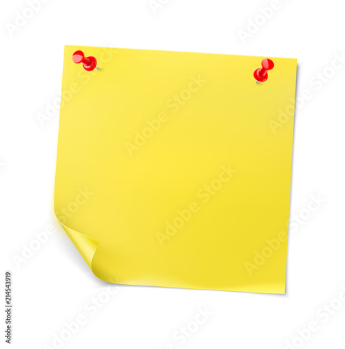 Yellow stick paper note with red thumbtacks on white background. Vector illustration. Can be use for your design, presentation, promo, adv. EPS10.