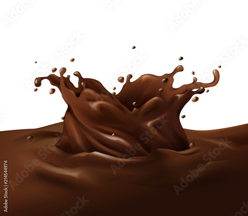 Chocolate splash vector illustration of realistic 3D dark or milky choco fondant swirl with drops in liquid flow on white background for candy or sweet dessert package design element.