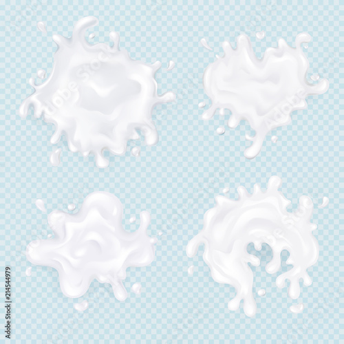 Milk splash blots 3D vector illustration of realistic 3D milky drops texture or yogurt drink drips on transparent background