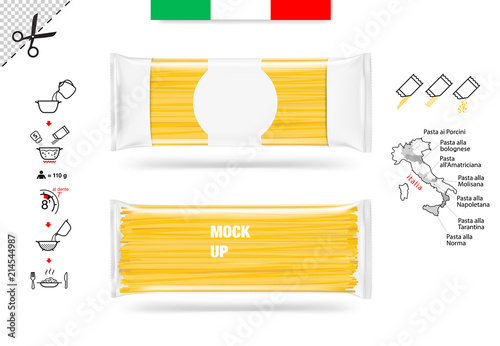Mockup of pasta pillow bags with cooking icon instruction isolated on white background. Vector illustration. Ready for your design, promo and adv. EPS10.