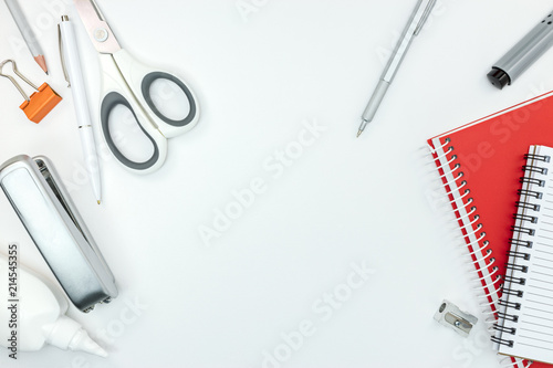 various of stationary items for office work on white table background