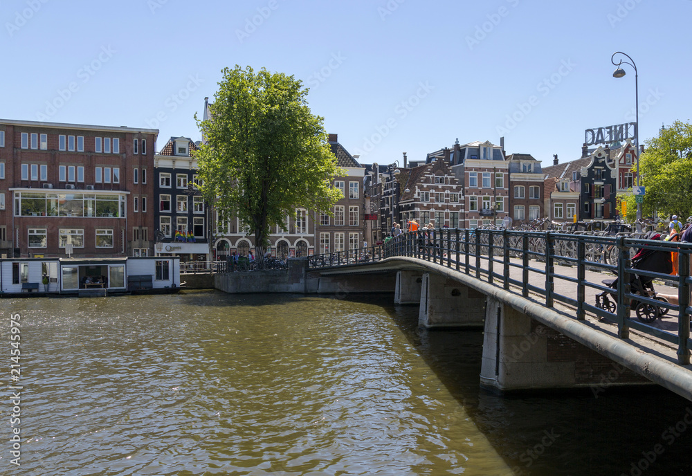 The embankment of the Amstel River in the center of Amsterdam