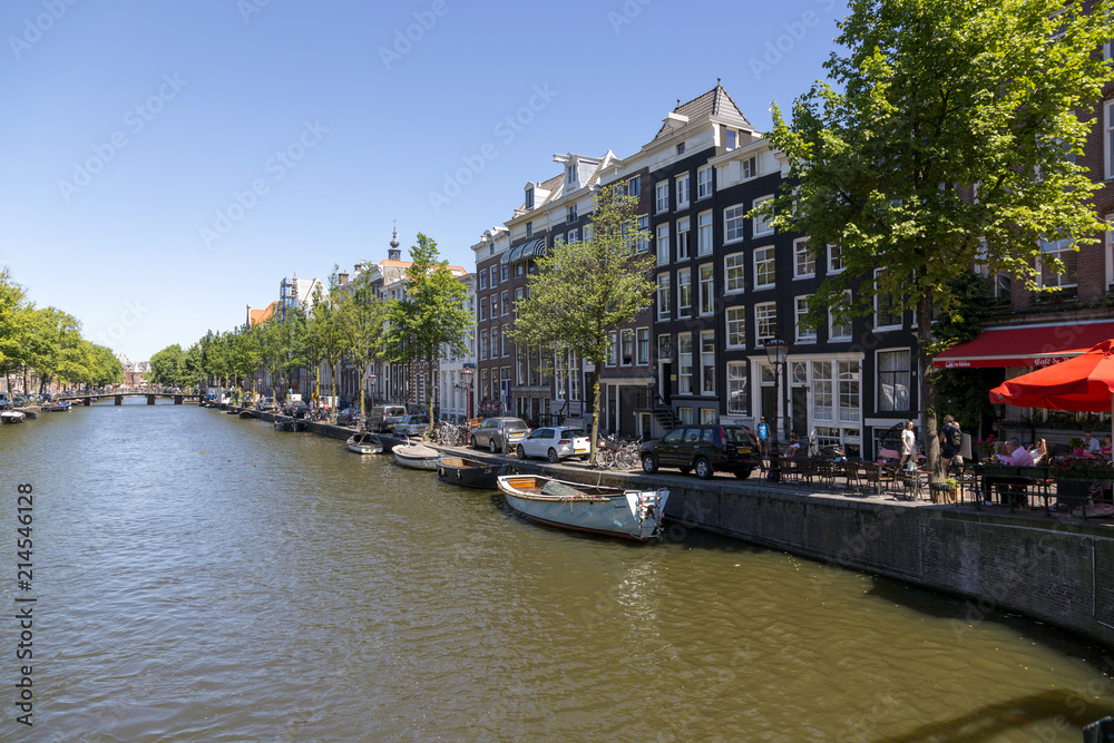 The embankment of the Amstel River in the center of Amsterdam