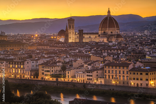 Looking out towards Florence, Italy and its land mark Duomo at sunset from the Piazzale Michelangelo