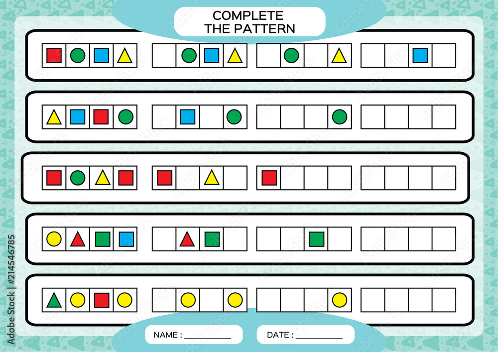 Complete simple repeating patterns. Worksheet for preschool kids. Practicing motor skills, improving skills tasks. Complete the pattern with geometrical 4 shapes. Draw and color, Blue background.