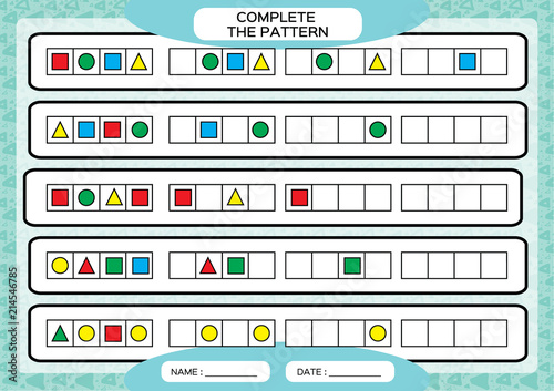 Complete simple repeating patterns. Worksheet for preschool kids. Practicing motor skills, improving skills tasks. Complete the pattern with geometrical 4 shapes. Draw and color, Blue background.